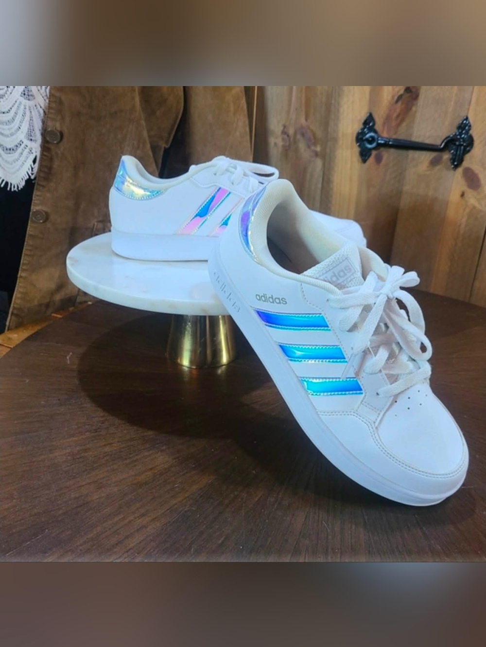 adidas White Sneakers with Iridescent Blue Stripes